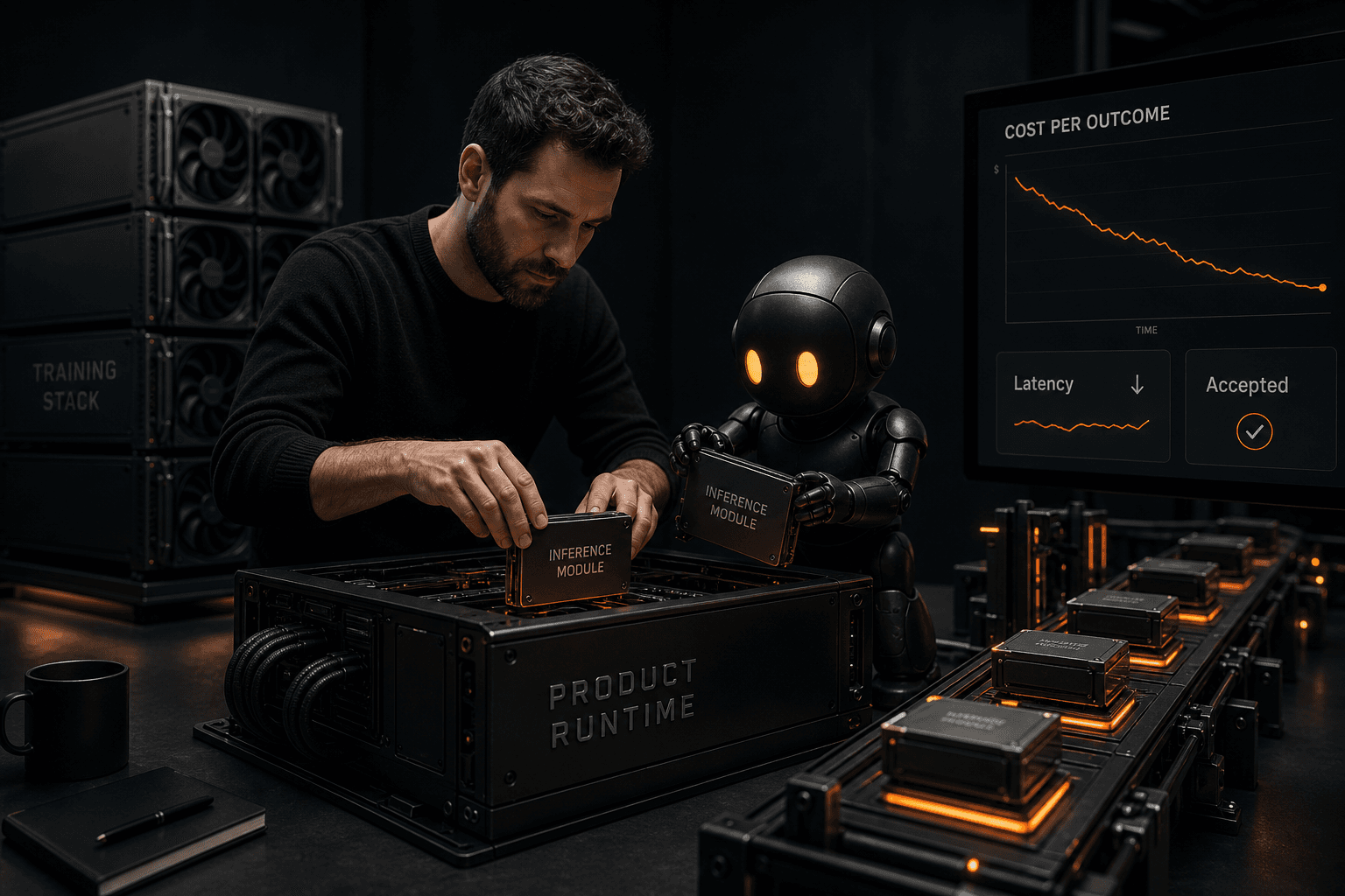 A founder and a small helper robot installing modular inference chips into a product runtime chassis while a bulky training stack sits idle nearby