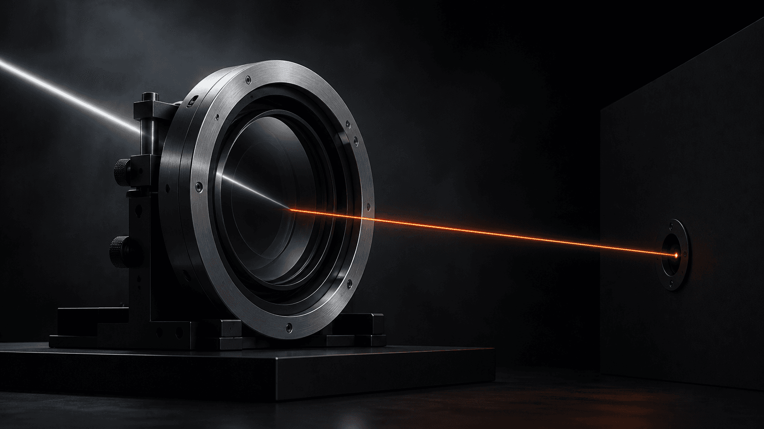 An industrial optical lens translating a white beam into an aligned orange beam