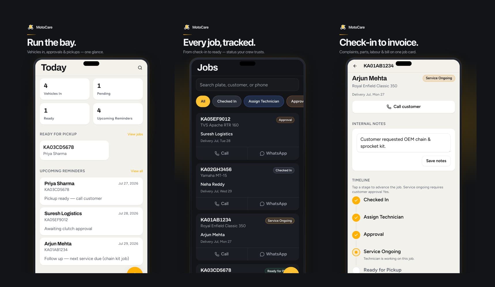 MotoCare light and dark PWA screens overview | ReplikaTech