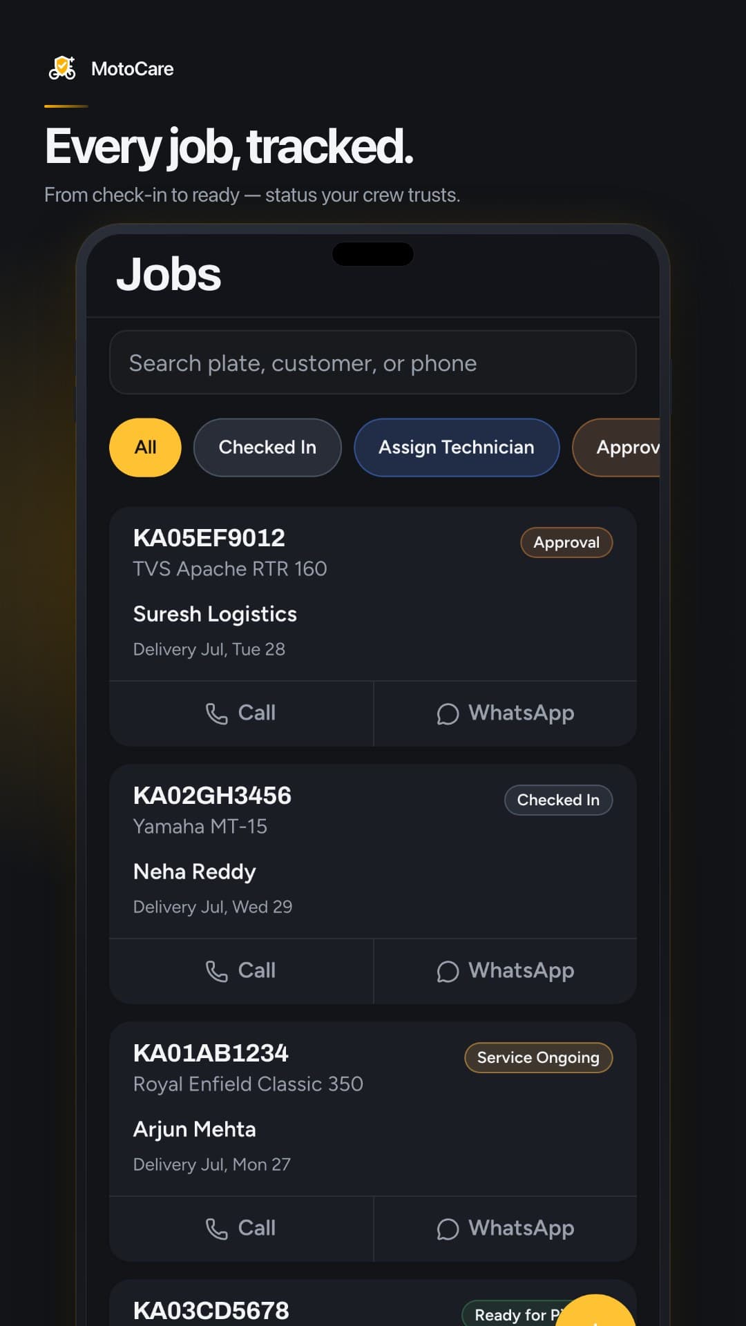 MotoCare jobs list in dark mode | ReplikaTech