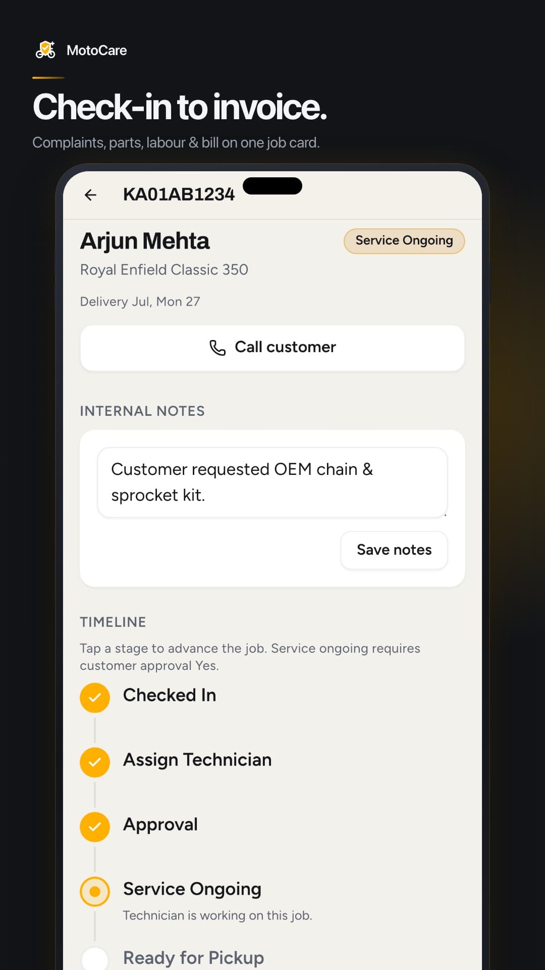 MotoCare job detail in light mode | ReplikaTech
