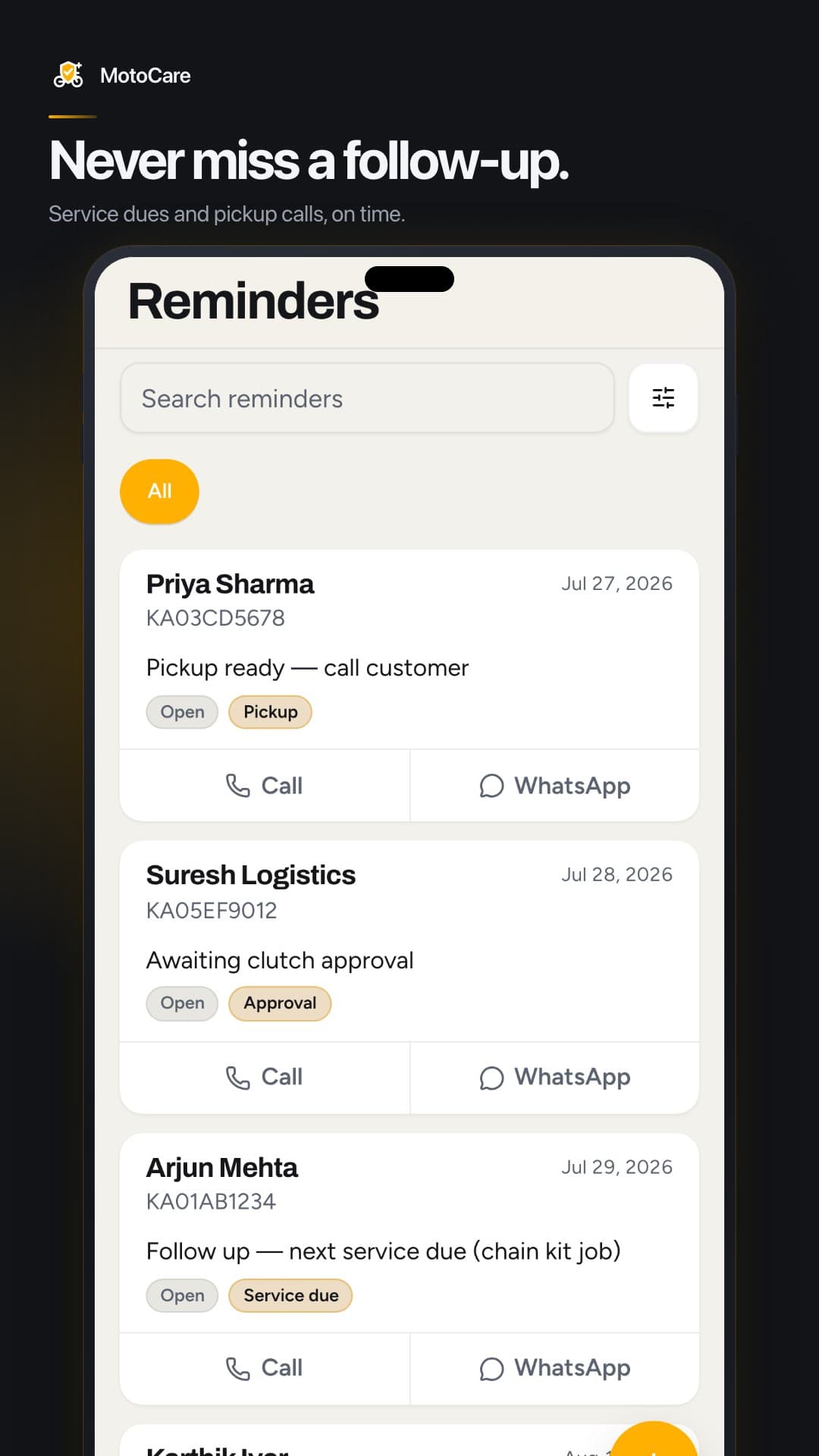 MotoCare service reminders in light mode | ReplikaTech