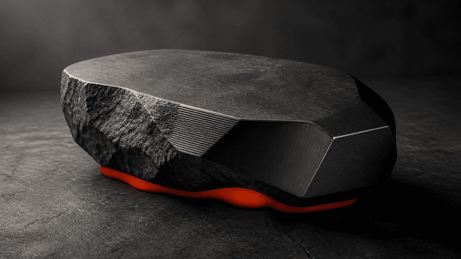 An irregular graphite product resting level on a custom-fit orange support