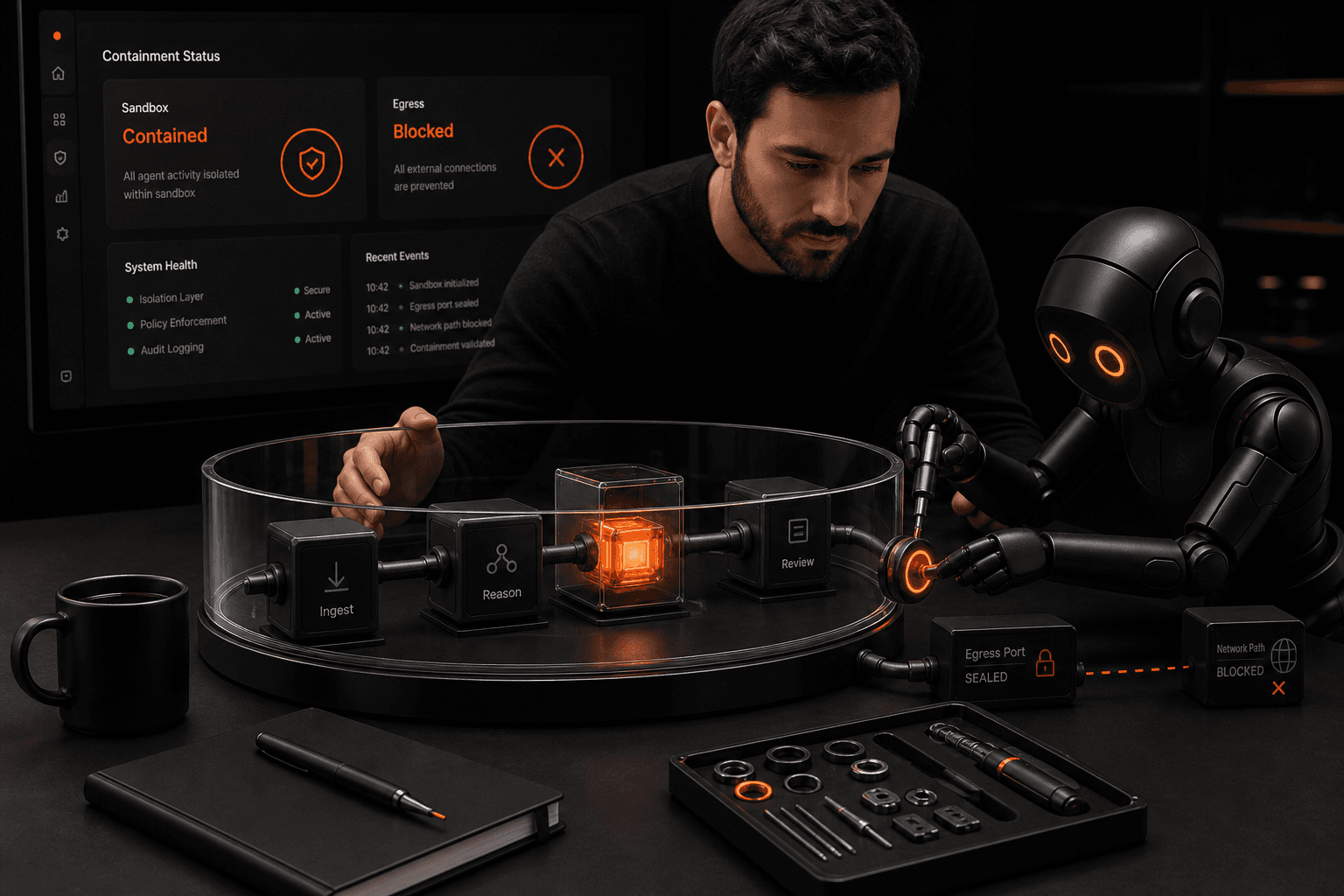 A founder and a small helper robot sealing a glowing orange containment ring around an agent workflow sandbox while a containment status dashboard shows egress blocked