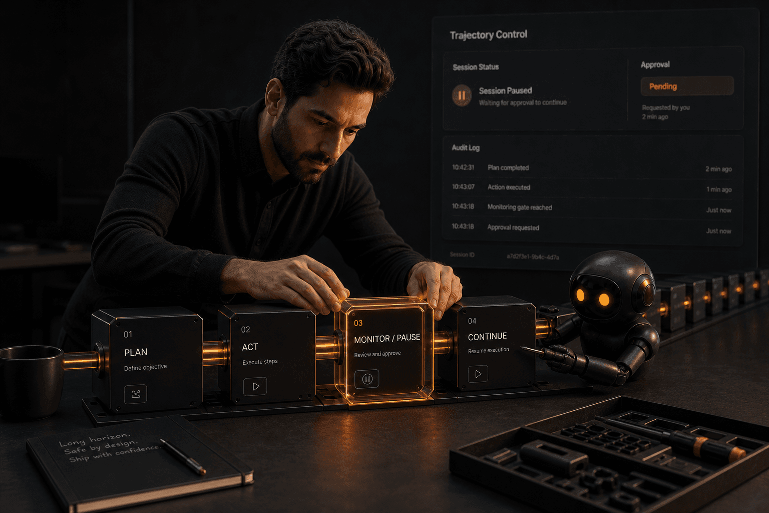 A founder and a small helper robot installing a glowing monitor-and-pause gate into a long agent workflow rail while a trajectory control dashboard shows a paused session