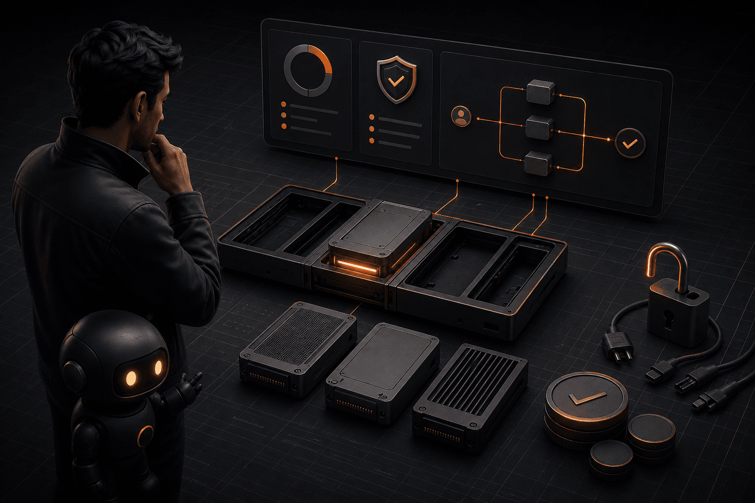 A founder and a small helper robot reviewing a modular AI product chassis with swappable engine modules and a routing dashboard