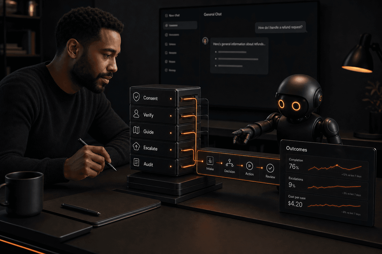 A founder and a small helper robot assembling modular Consent, Verify, Guide, Escalate, and Audit blocks into a domain workflow rail with an outcomes dashboard
