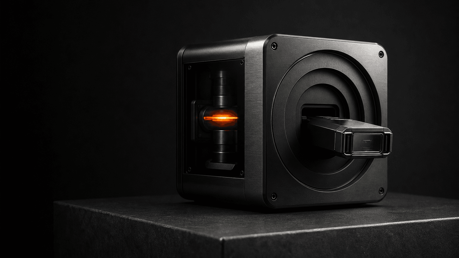 A matte-black incident recorder releases a sealed evidence cartridge while an orange event pulse glows inside