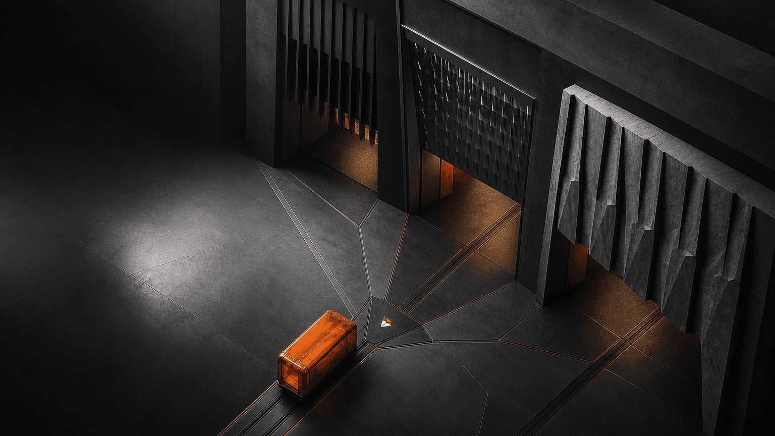 An orange product capsule approaches three dark storefronts whose tracks converge at one Google Play gate