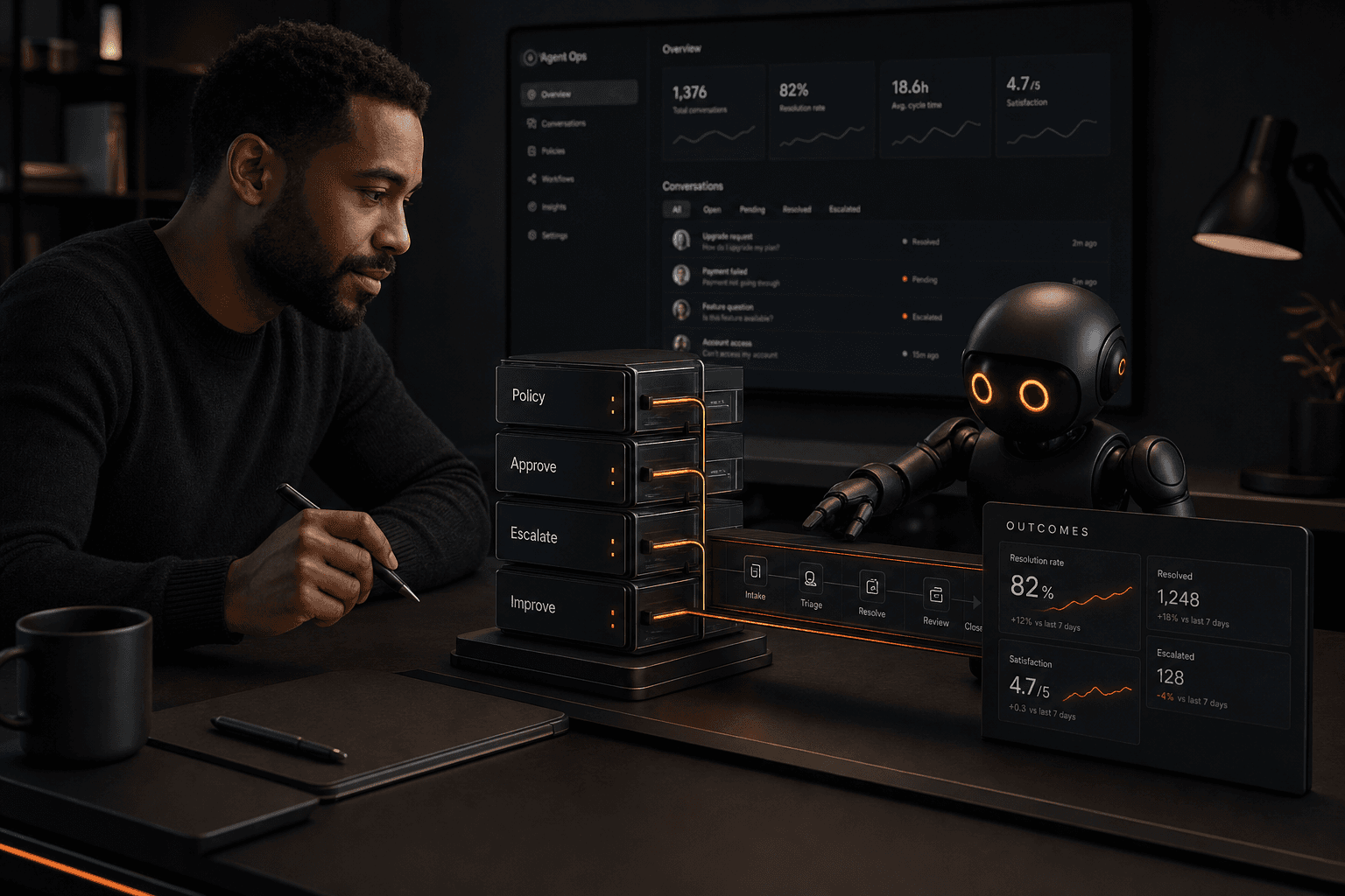 A founder and a small helper robot assembling a modular agent operations stack labeled Policy, Approve, Escalate, and Improve beside a production outcome dashboard